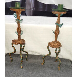 Vintage Brown Rattan Strips Blue Leaf Footed Unique Candle Stick Holders 14"